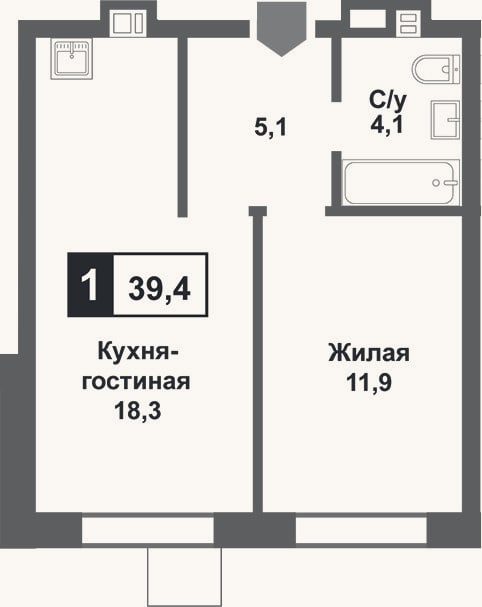 Планировка: 2-к, 39,4 м²