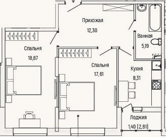 Планировка: 2-к, 62,3 м²