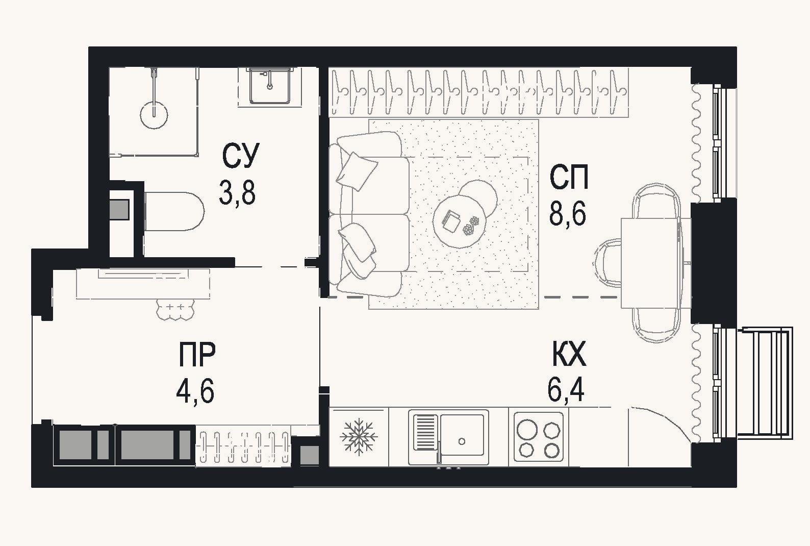 Планировка: Студия, 23,4 м²