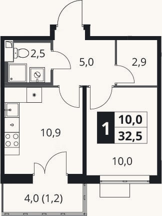 Планировка: 1-к, 31,3 м²