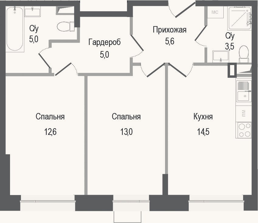 Планировка: 2-к, 59,2 м²