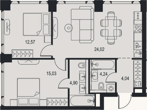 Планировка: 3-к, 64,8 м²