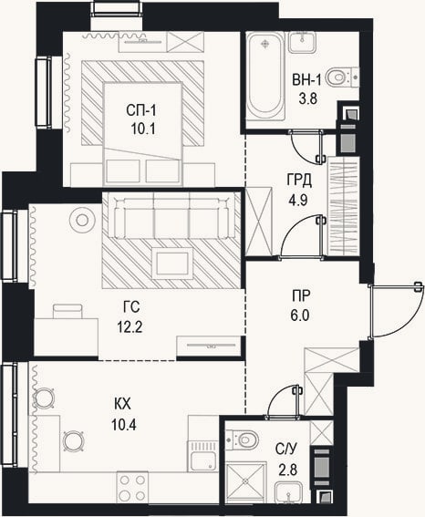 Планировка: 2-к, 50,2 м²