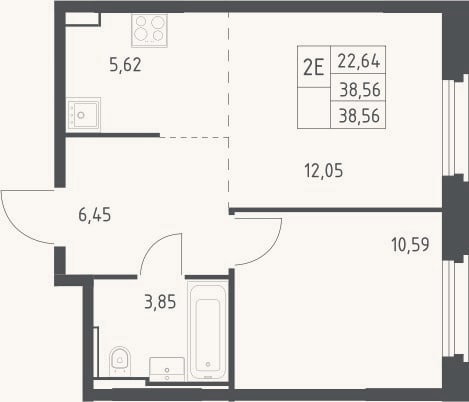 Планировка: 2-к, 38,6 м²