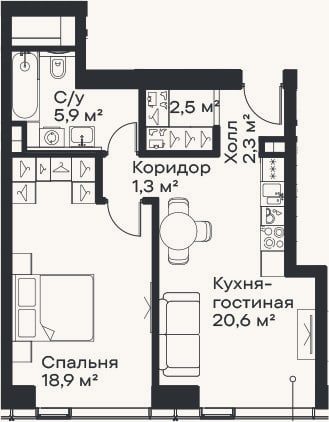 Планировка: 2-к, 51,5 м²