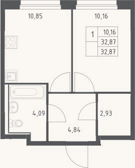 Планировка: 1-к, 32,9 м²