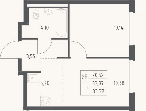 Планировка: 2-к, 33,4 м²
