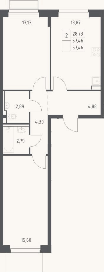 Планировка: 2-к, 57,5 м²