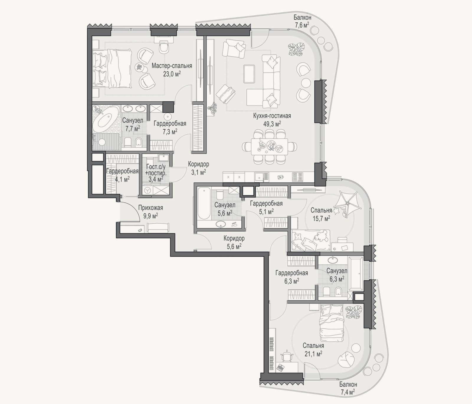 Планировка: 3-к, 173,5 м²
