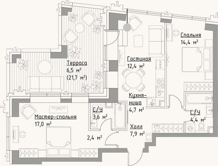 Планировка: 3-к, 66,8 м²