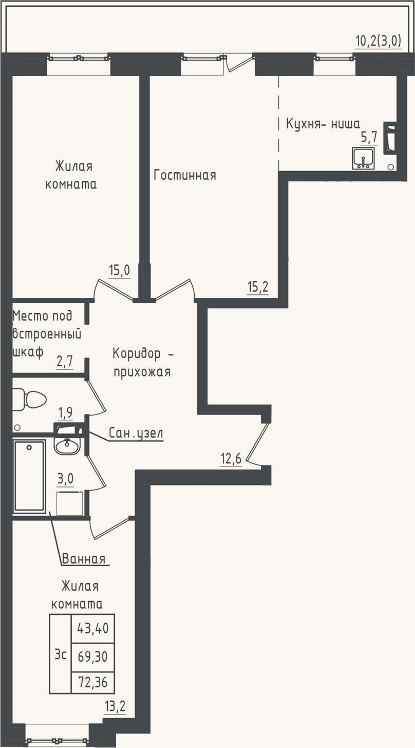 Планировка: 2-к, 69,3 м²