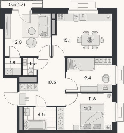 Планировка: 3-к, 66,4 м²