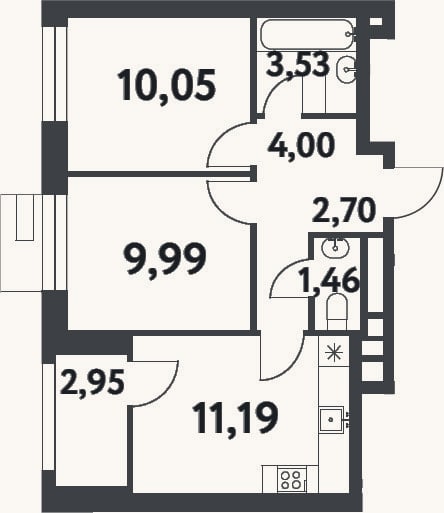 Планировка: 2-к, 42,9 м²