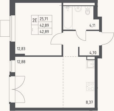 Планировка: 2-к, 42,9 м²