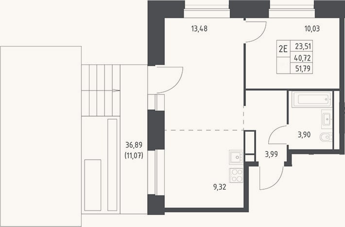 Планировка: 2-к, 41,7 м²