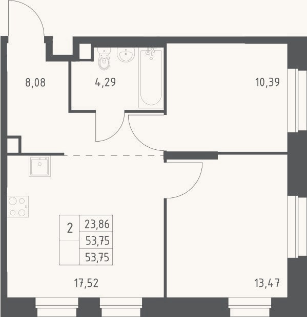 Планировка: 2-к, 53,8 м²