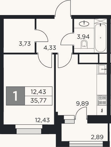 Планировка: 1-к, 34,3 м²
