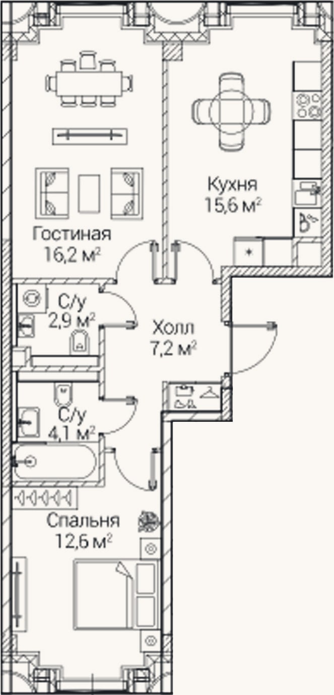 Планировка: 2-к, 58,6 м²