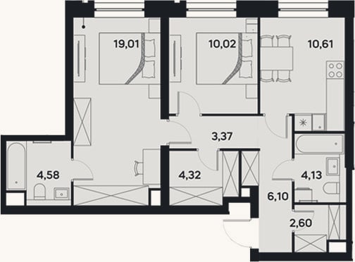 Планировка: 2-к, 64,7 м²