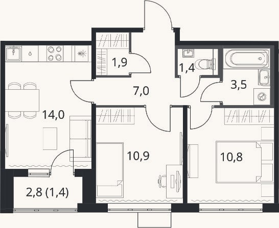 Планировка: 2-к, 49,5 м²