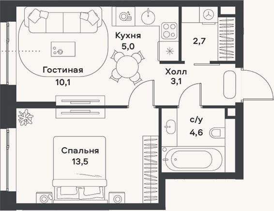 Планировка: 2-к, 39 м²