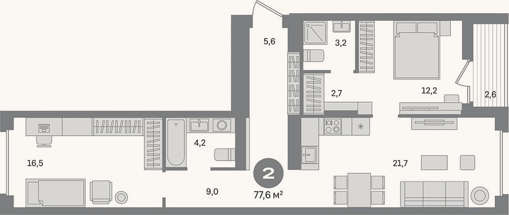 Планировка: 2-к, 75 м²