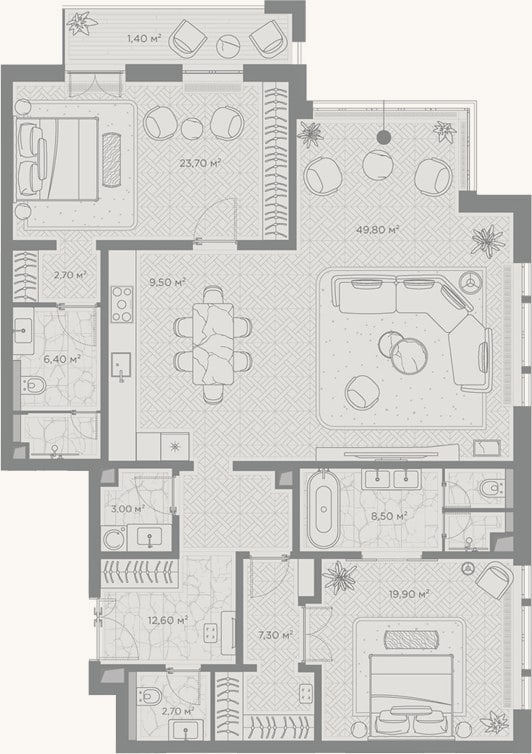 Планировка: 2-к, 146,1 м²