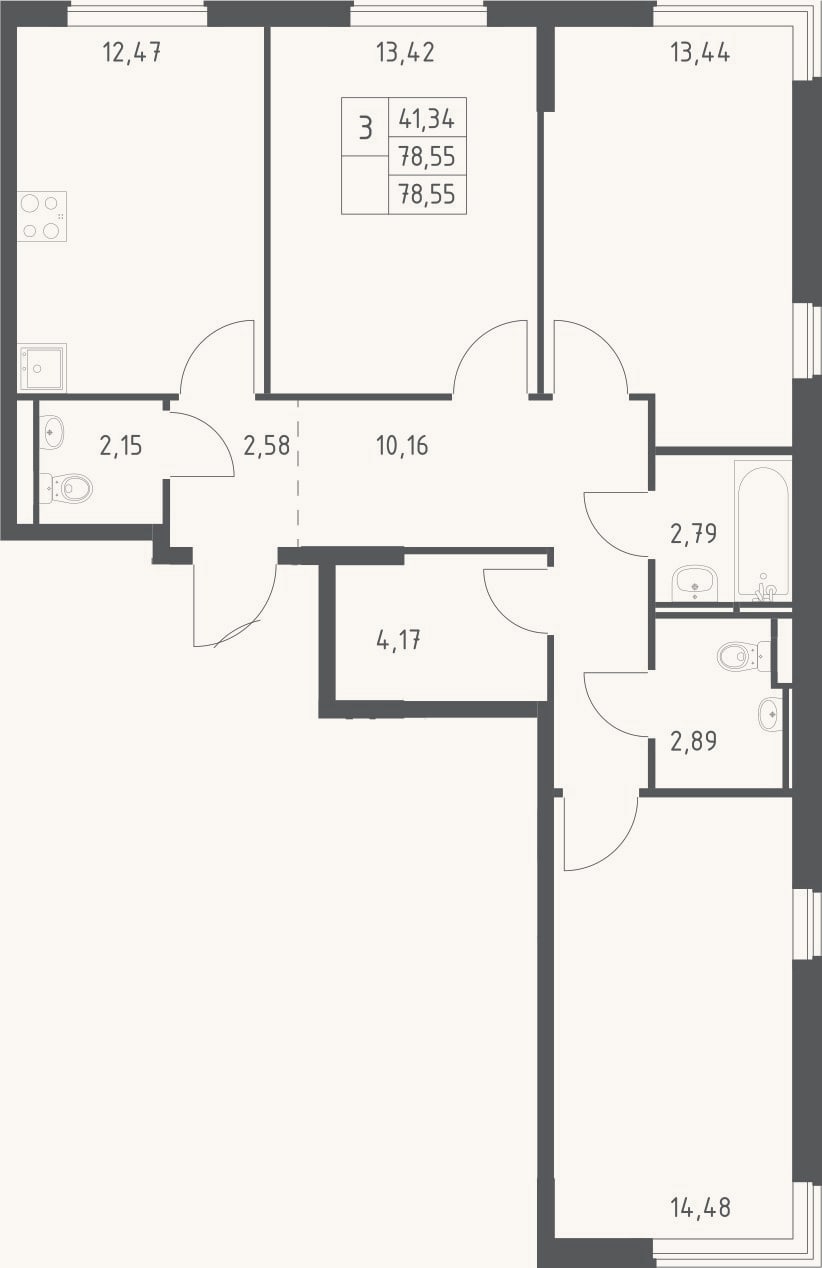 Планировка: 3-к, 78,6 м²