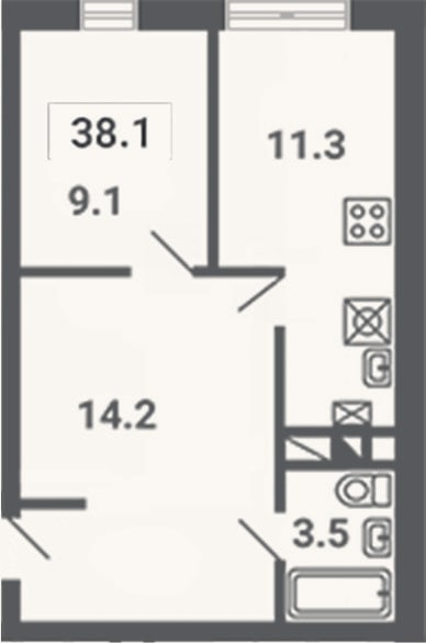 Планировка: 2-к, 38,1 м²
