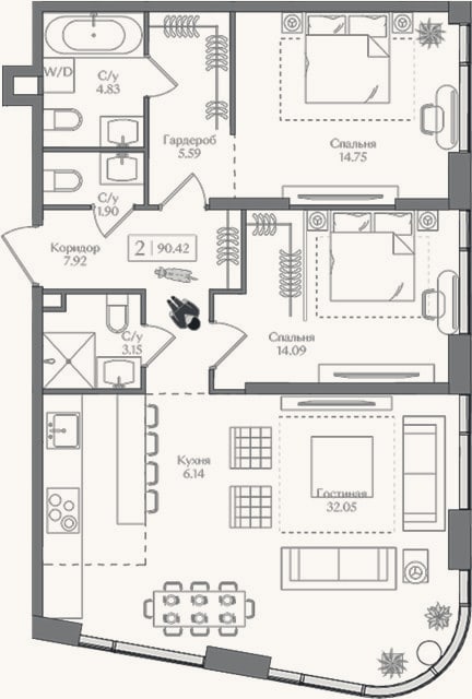 Планировка: 3-к, 90,4 м²