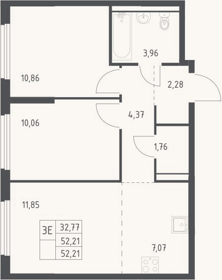 Планировка: 3-к, 52,2 м²