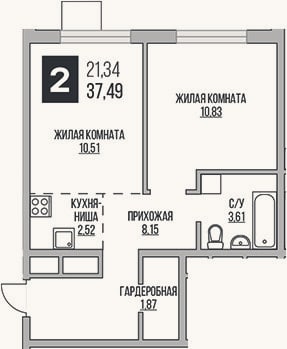 Планировка: 2-к, 37,5 м²