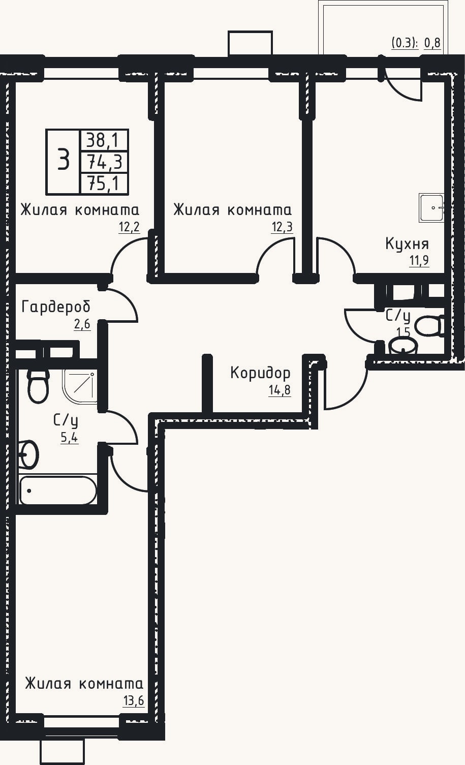 Планировка: 3-к, 74,3 м²