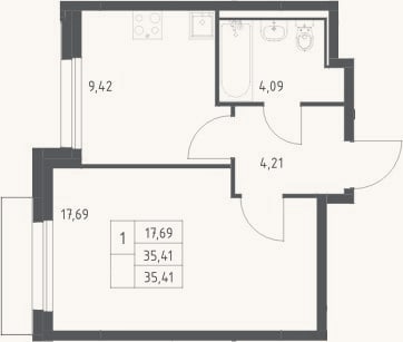 Планировка: 1-к, 35,4 м²