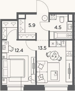 Планировка: 1-к, 38,7 м²