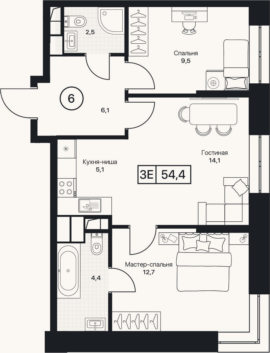 Планировка: 3-к, 54,4 м²