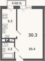 Планировка: 1-к, 29,8 м²