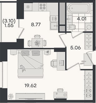 Планировка: 1-к, 37,5 м²