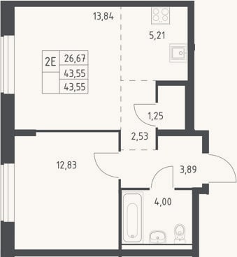 Планировка: 2-к, 43,6 м²