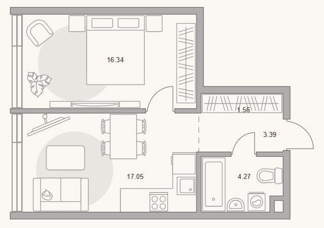 Планировка: 1-к, 42,6 м²