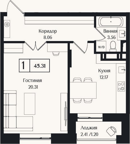 Планировка: 1-к, 44,1 м²