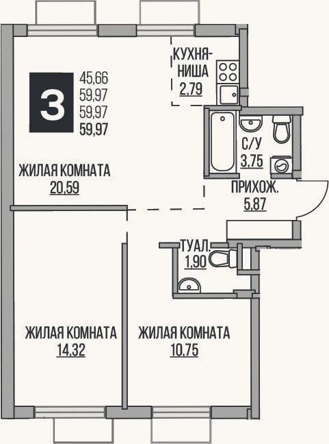 Планировка: 3-к, 60 м²