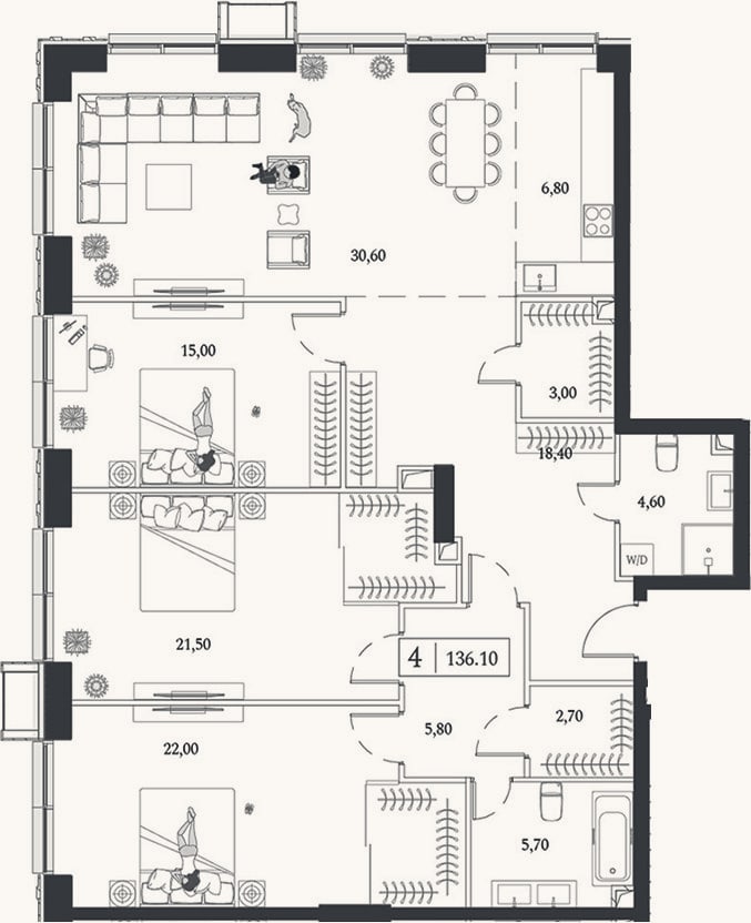 Планировка: 4+ к, 136,1 м²