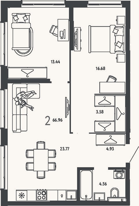 Планировка: 2-к, 67 м²