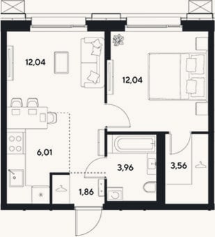 Планировка: 2-к, 39,5 м²