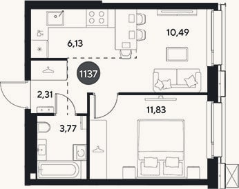 Планировка: 2-к, 34,5 м²