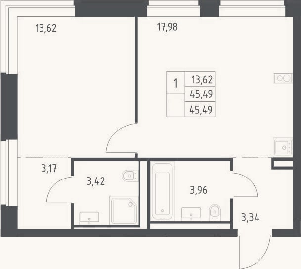 Планировка: 2-к, 45,5 м²