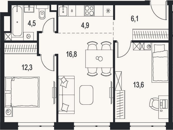 Планировка: 3-к, 58,2 м²