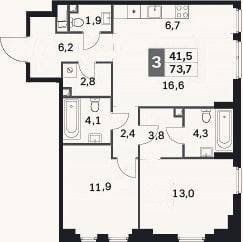 Планировка: 3-к, 73,7 м²