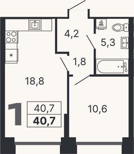 Планировка: 1-к, 40,7 м²